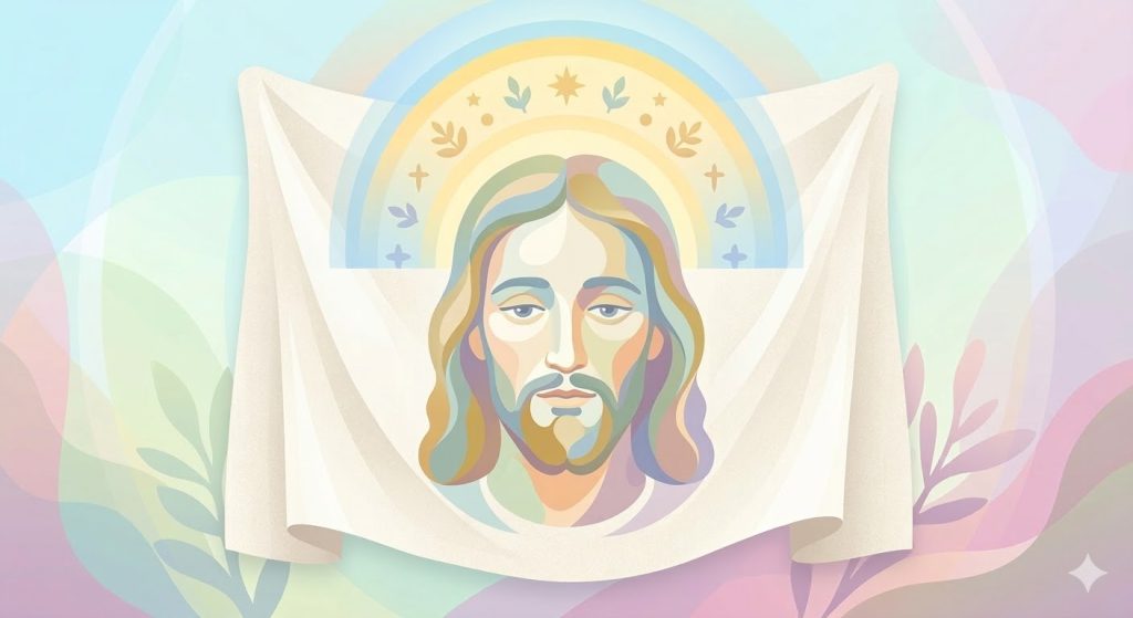 Betrachtung des Heiligen Antlitzes - der sanfte und leuchtende Abdruck eines gelassenen Gesichts Christi auf einem Schleier